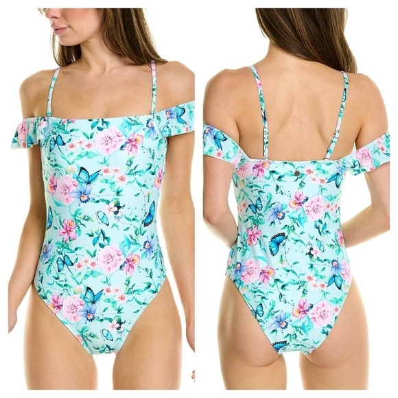 Nanette Lepore One-piece Off Shoulder Swimsuit Butterfly Garden Ruffle 10 NEW - Picture 1 of 16